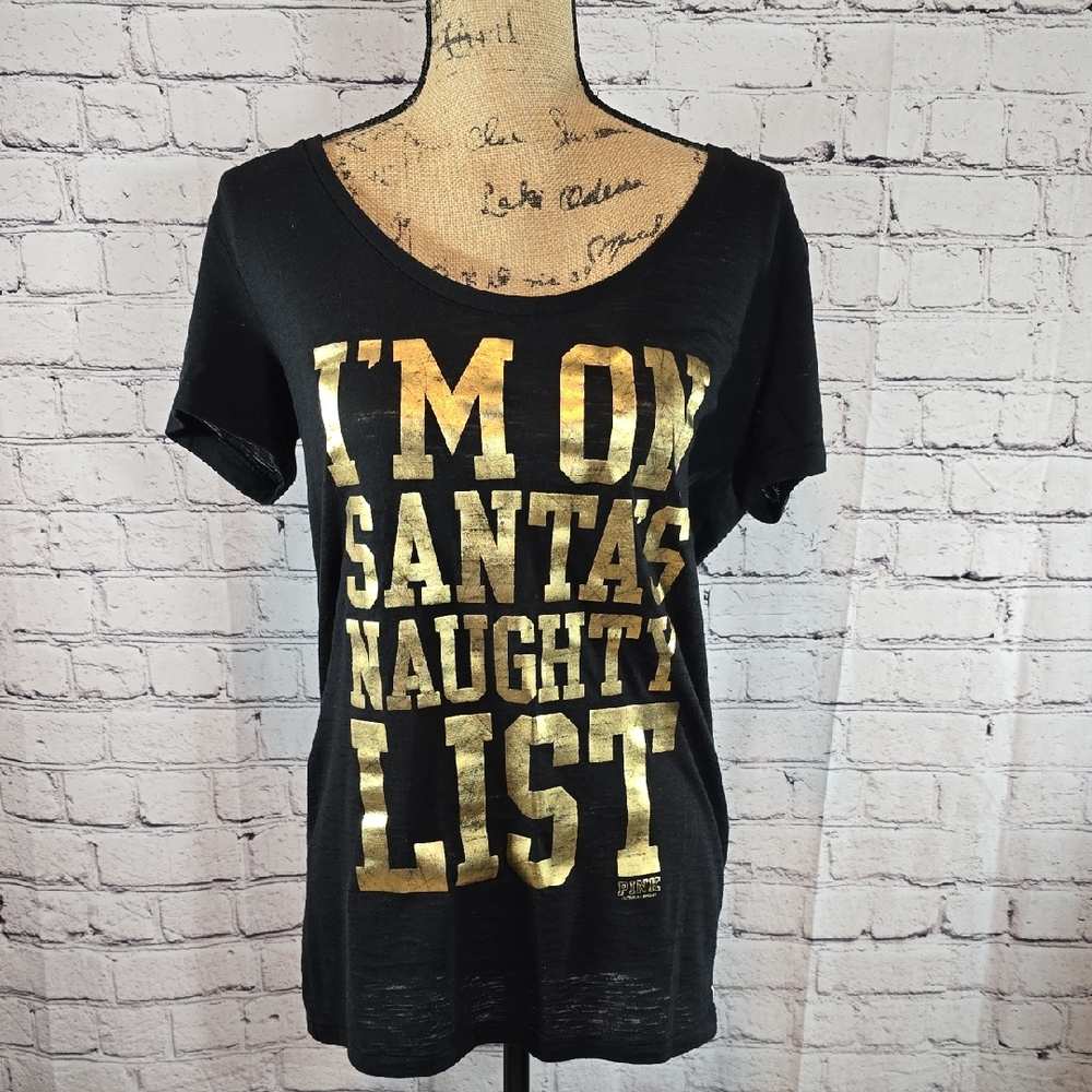 PINK Victoria's Secret Black Tee with Gold Graphic Size M